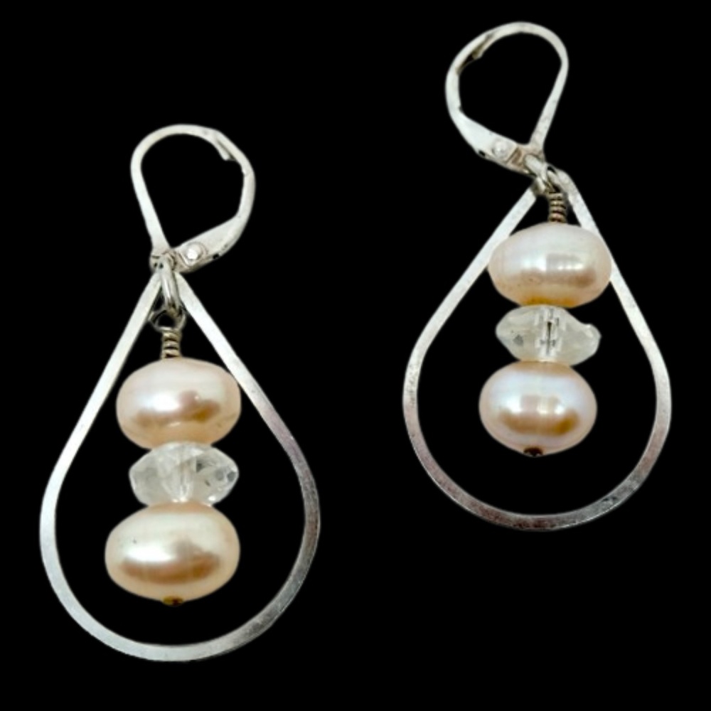 PINK FRESHWATER PEARL & SWAROVSKI CRYSTAL STERLING SILVER DROP DANGLE EARRINGS